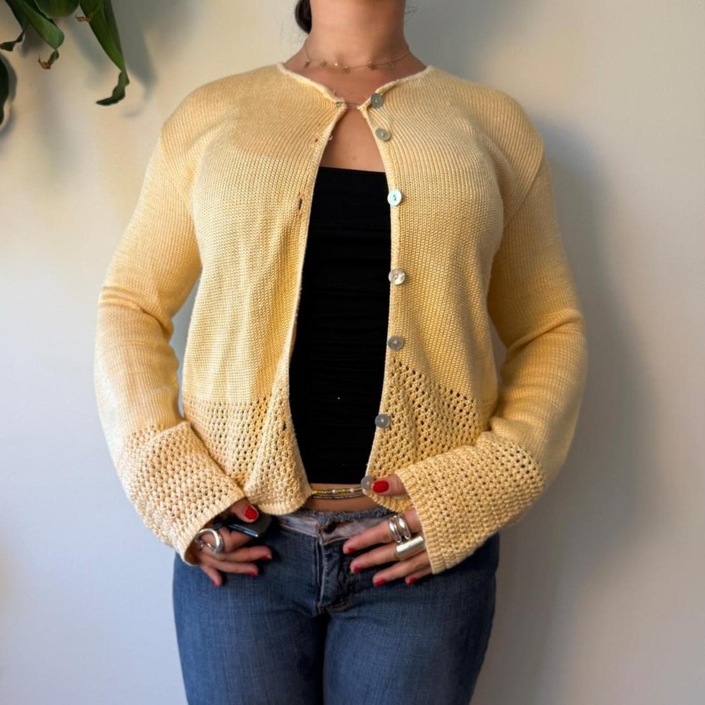 Vintage Clio Butter Yellow Knit Cardigan 90s Whimsy Grannycore USA L 758621